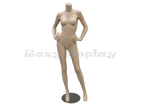 Female mannequin headless, with arms on the waist and legs open