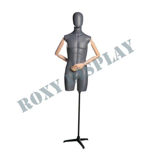 EGGHEAD MALE 3/4 TORSO MATTE GREY With Flexible WOODEN ARMS + BASE