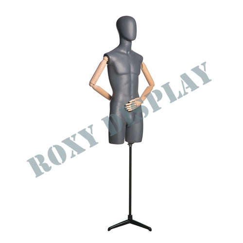 EGGHEAD MALE 3/4 TORSO MATTE GREY With Flexible WOODEN ARMS + BASE