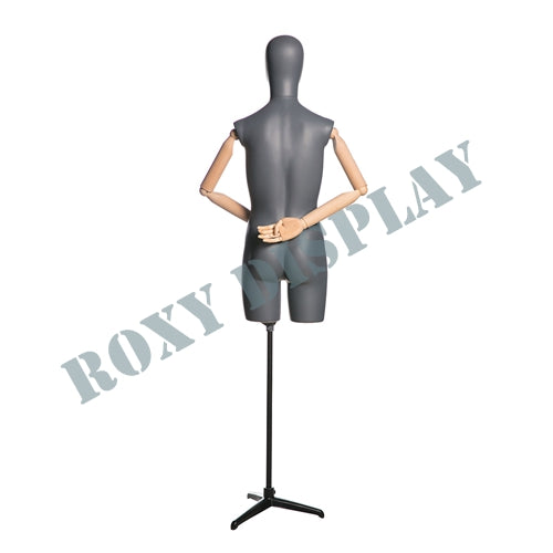 EGGHEAD MALE 3/4 TORSO MATTE GREY With Flexible WOODEN ARMS + BASE