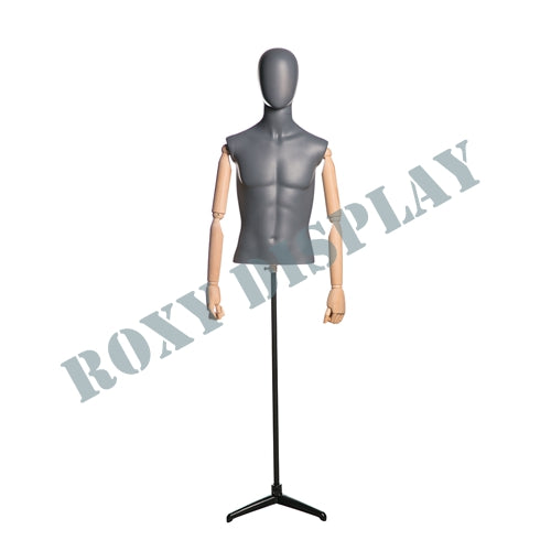 EGGHEAD MALE 1/2 TORSO MATTE GREY With Flexible WOODEN ARMS + BASE